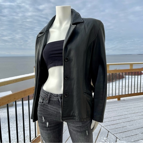 Vintage Leather Black Blazer Trench Jacket Buttery Soft - Picture 2 of 15